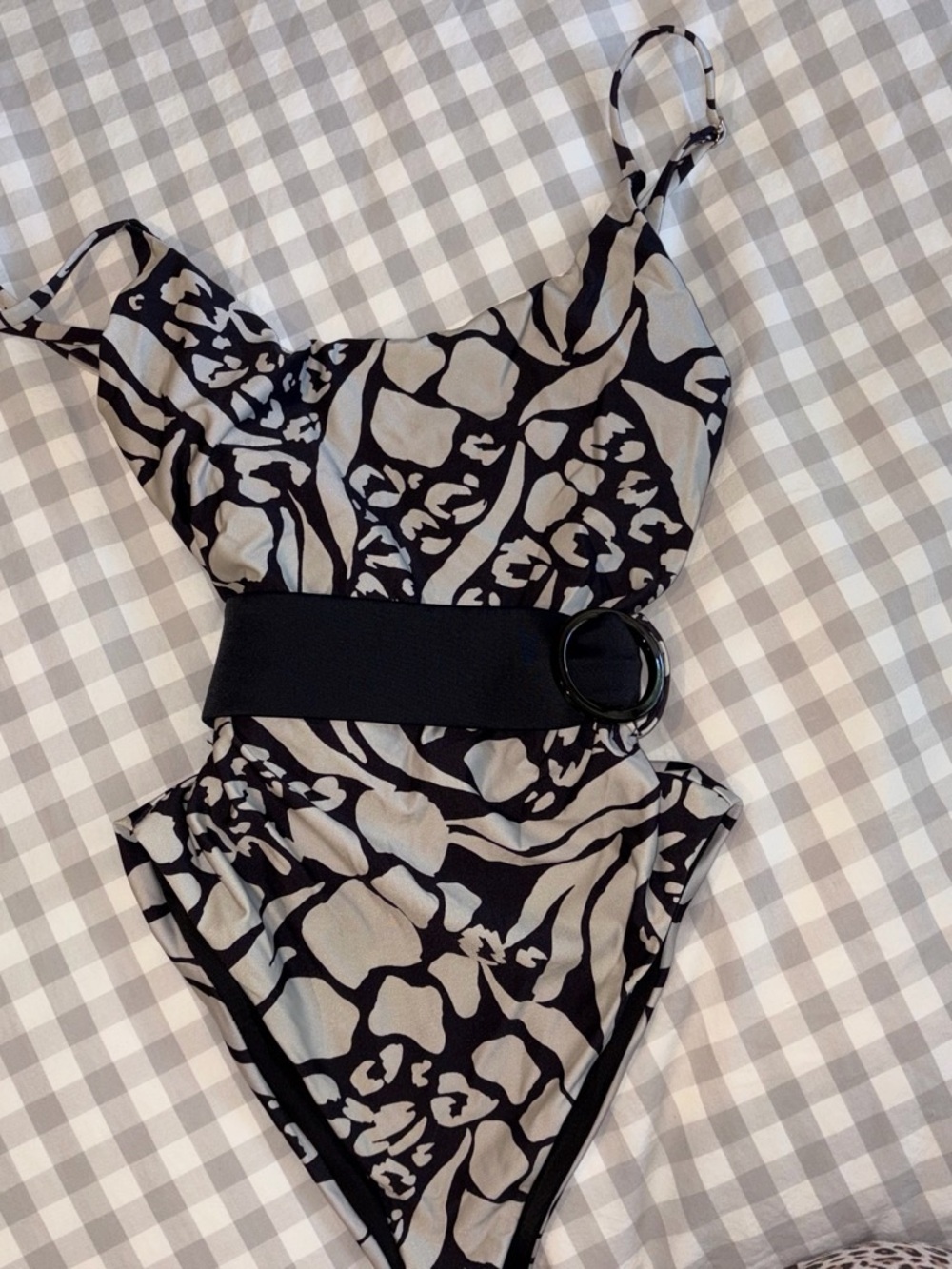 Beach Riot Black and Cream Abstract Print One-Piece with Waist Belt